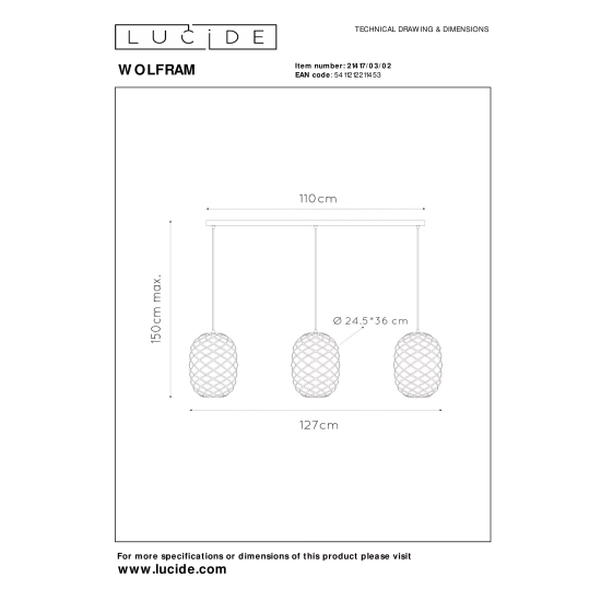 Lampa wisząca gold/mosiądz 3L WOLFRAM 21417/03/02 Lucide - zdjęcie dodatkowe 5